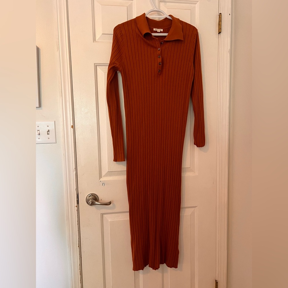 Tea n Rose Brown Ribbed Tie Front Polo Dress